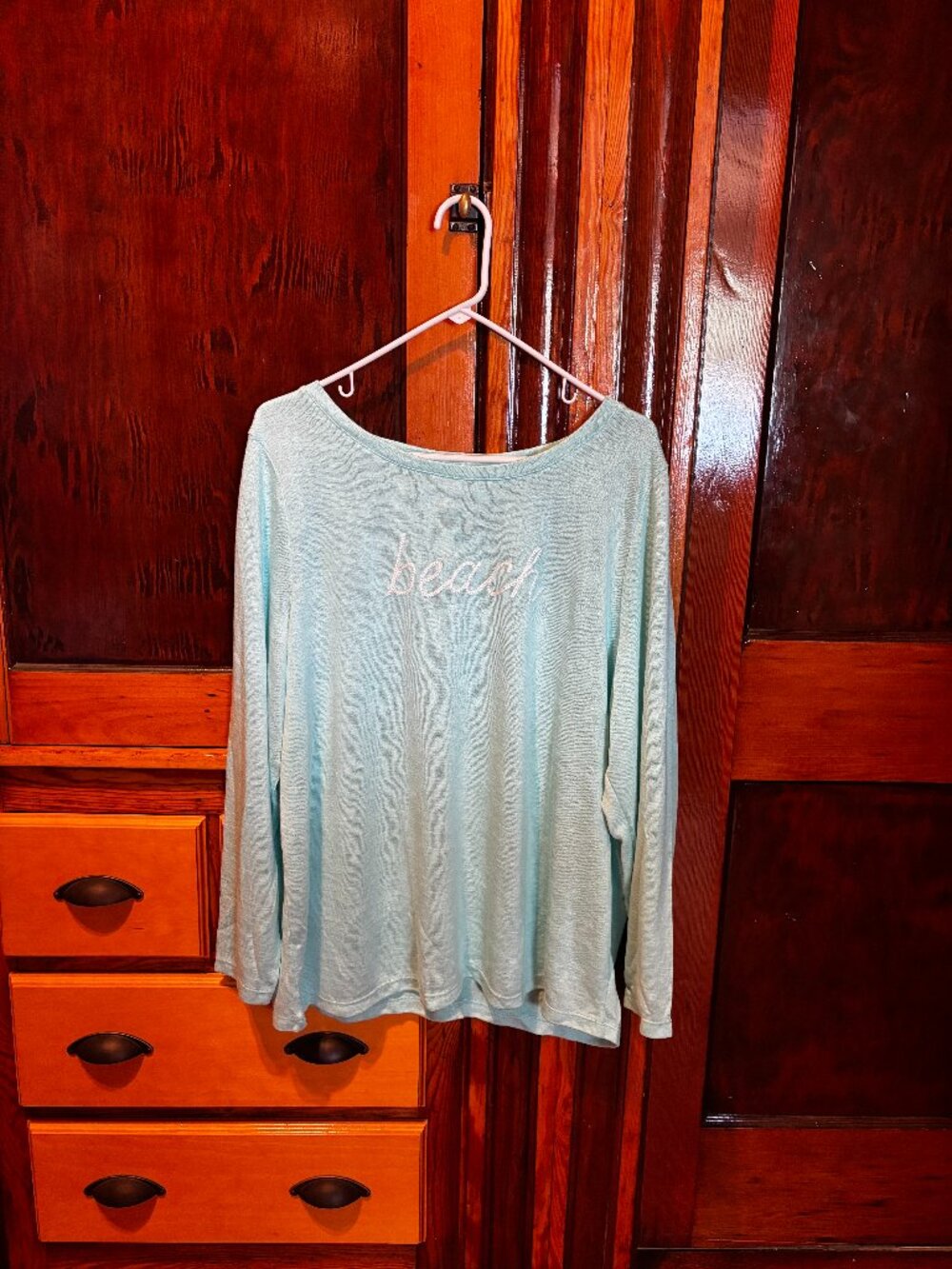 Belle Beach by Kim Gravel Light Aqua Knit Embroidered Long Sleeve Top XL New